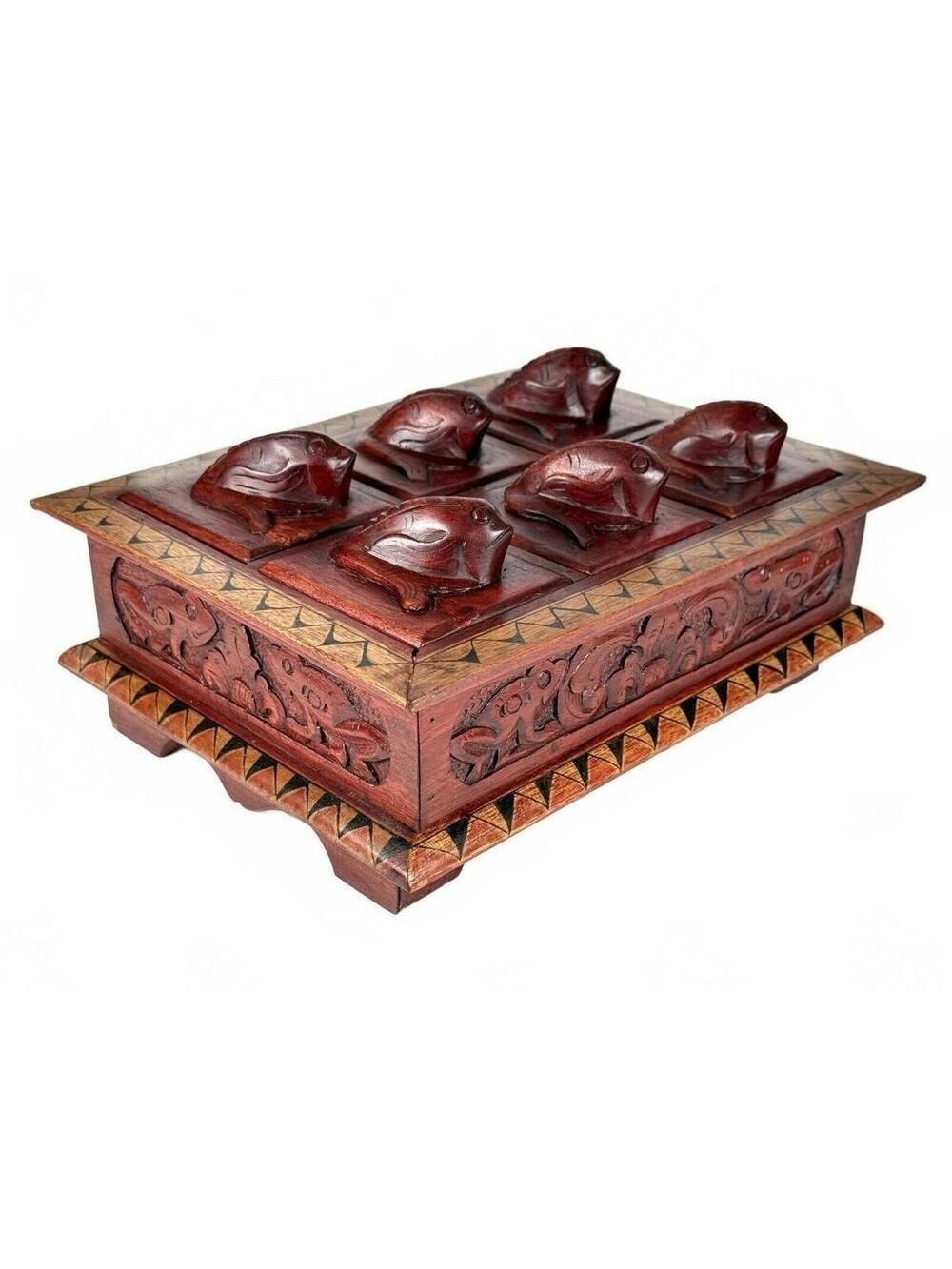 Vintage Carved Fish & Frog Trinket Box Balinese Folk Art Hardwood 6 Compartment
